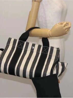 Hermes Black & White Striped Canvas Tote Bag